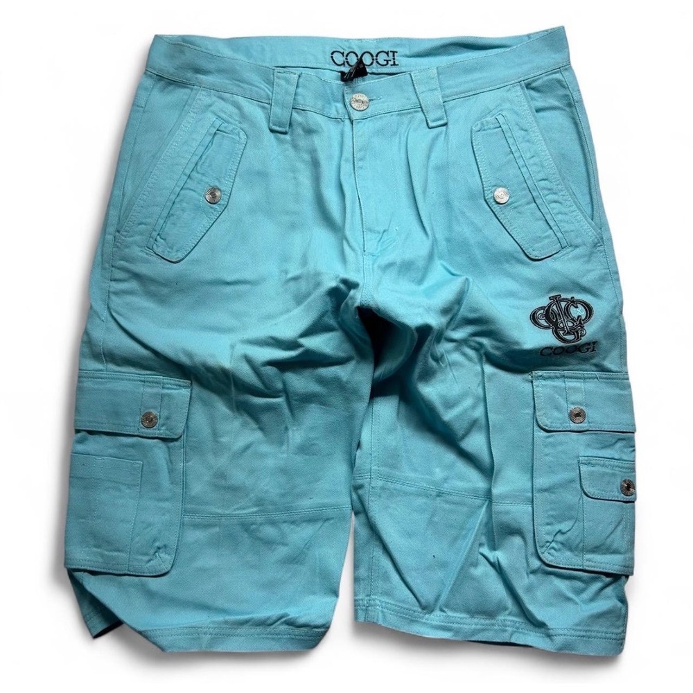 COOGI Mens Light Blue Cargo Shorts Embroidered Logo Y2K Streetwear Size 38